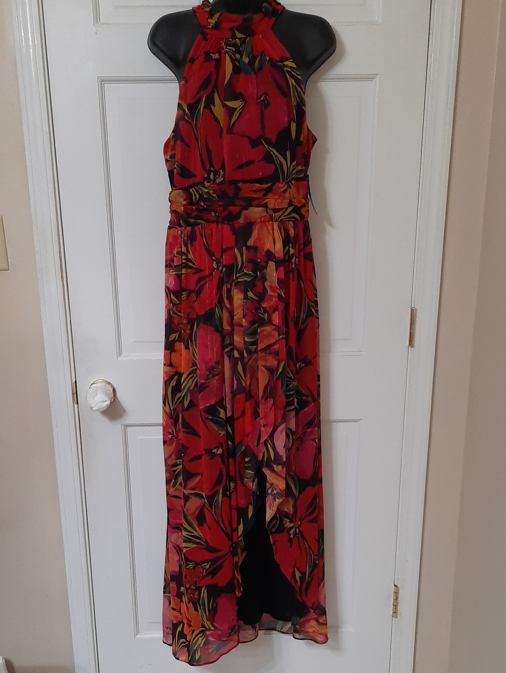 Red Floral Halter Maxi Dress with Waist Tie
